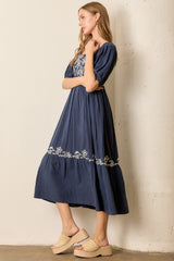 Navy Embroidered Floral Square Neck Maxi Dress