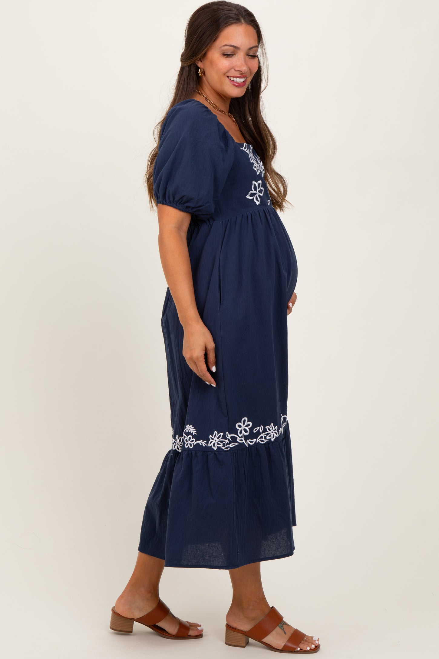 Navy Embroidered Floral Square Neck Maternity Maxi Dress