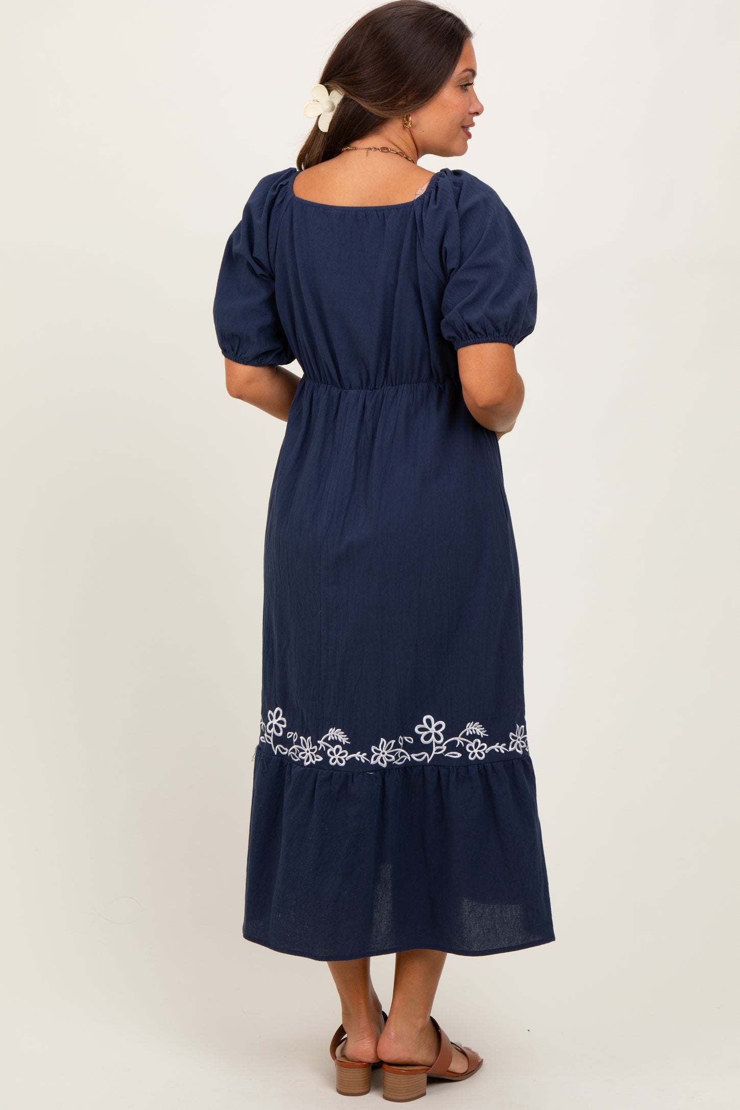 Navy Embroidered Floral Square Neck Maternity Maxi Dress