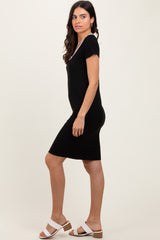 Black Ribbed Knit Short Sleeve Dress