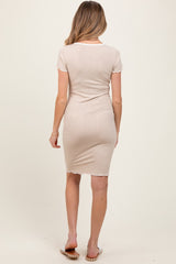 Beige Ribbed Knit Short Sleeve Maternity Dress