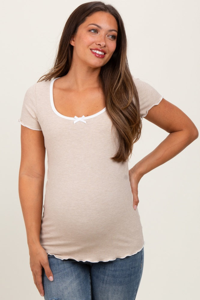 Beige Ribbed Short Sleeve Maternity Top