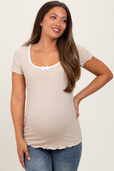 Beige Ribbed Short Sleeve Maternity Top