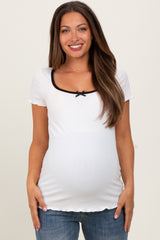 White Ribbed Short Sleeve Maternity Top