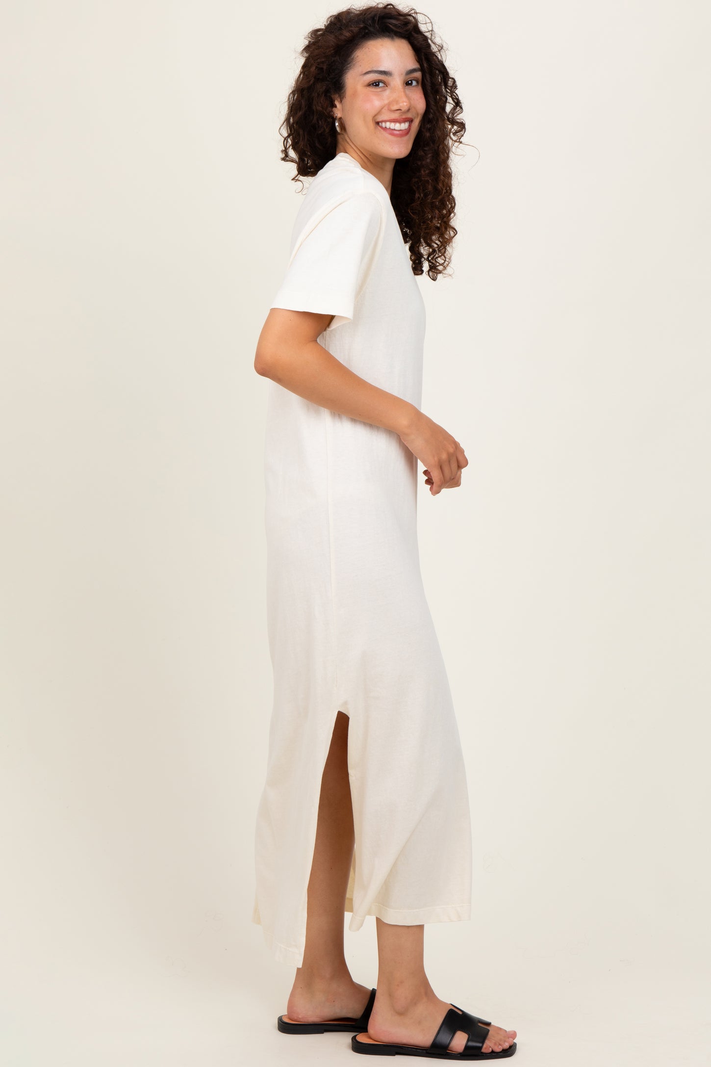 Cream Short Sleeve Knit T-Shirt Maxi Dress