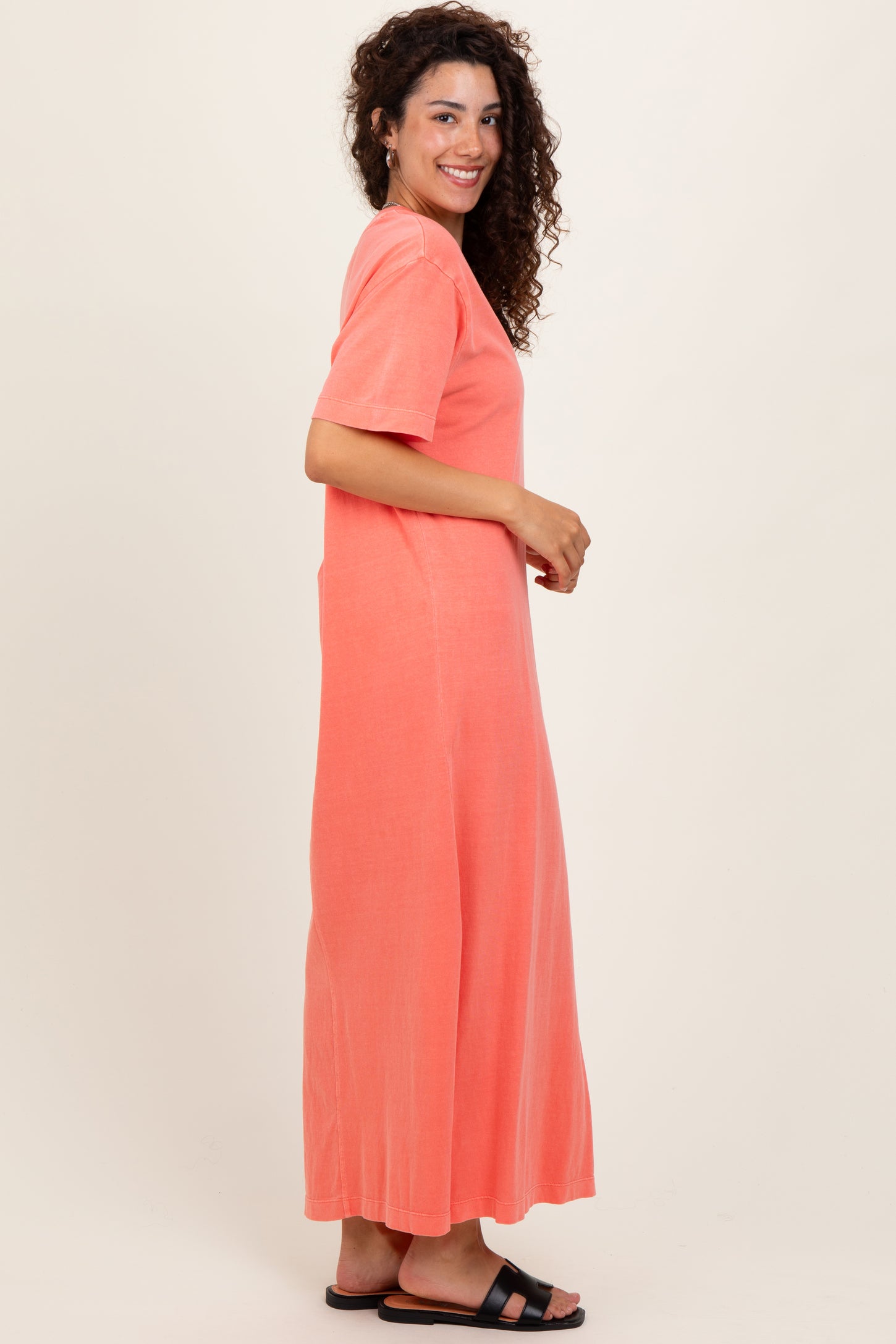 Coral Short Sleeve Knit T-Shirt Maxi Dress