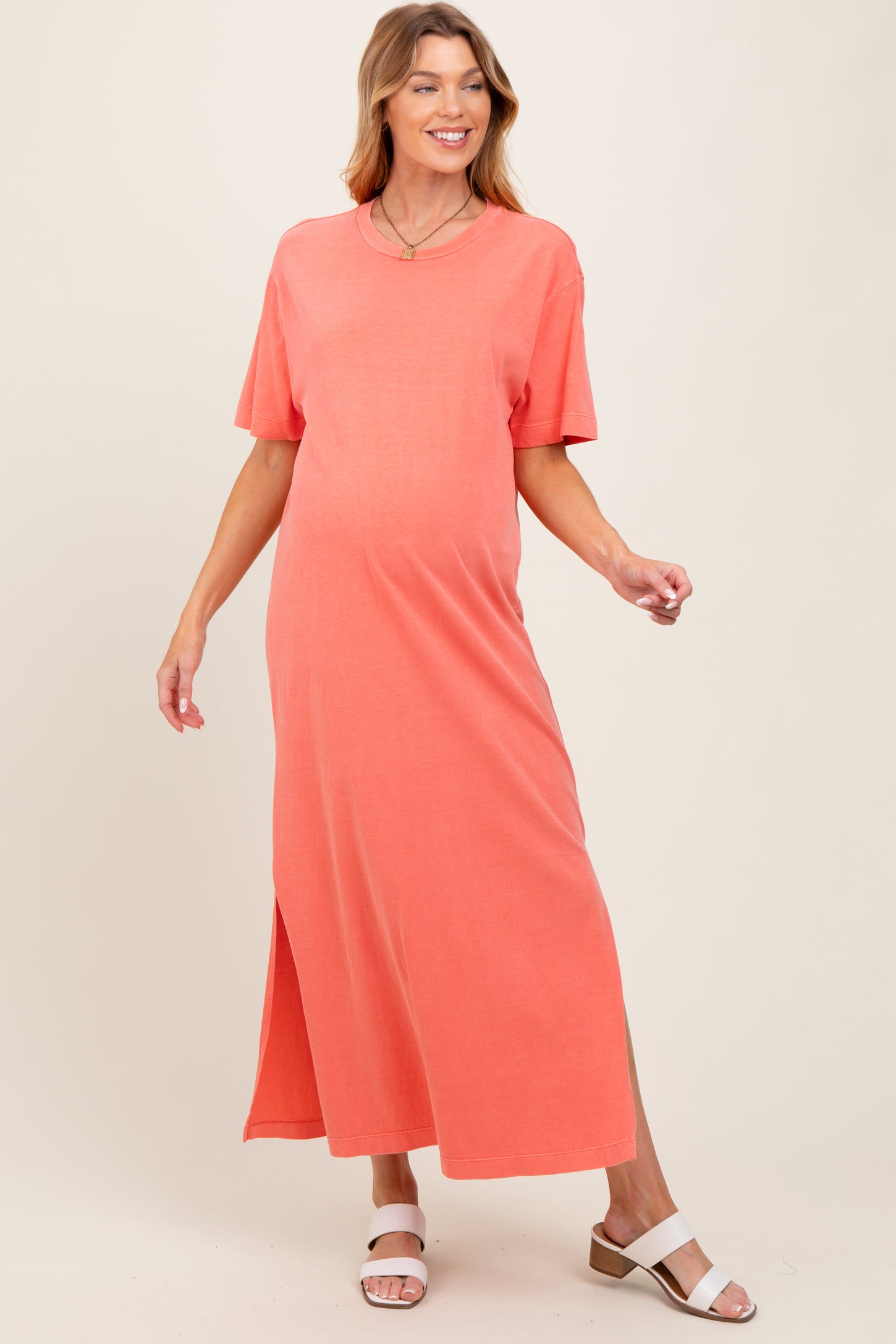 Coral Short Sleeve Knit T-Shirt Maternity Maxi Dress