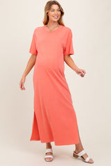 Coral Short Sleeve Knit T-Shirt Maternity Maxi Dress
