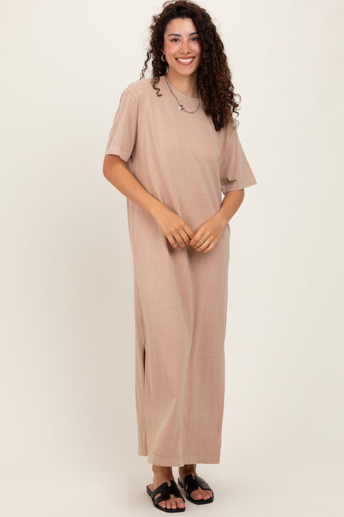 Taupe Short Sleeve Knit T-Shirt Maxi Dress
