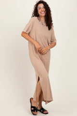 Taupe Short Sleeve Knit T-Shirt Maxi Dress