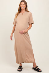 Taupe Short Sleeve Knit T-Shirt Maternity Maxi Dress
