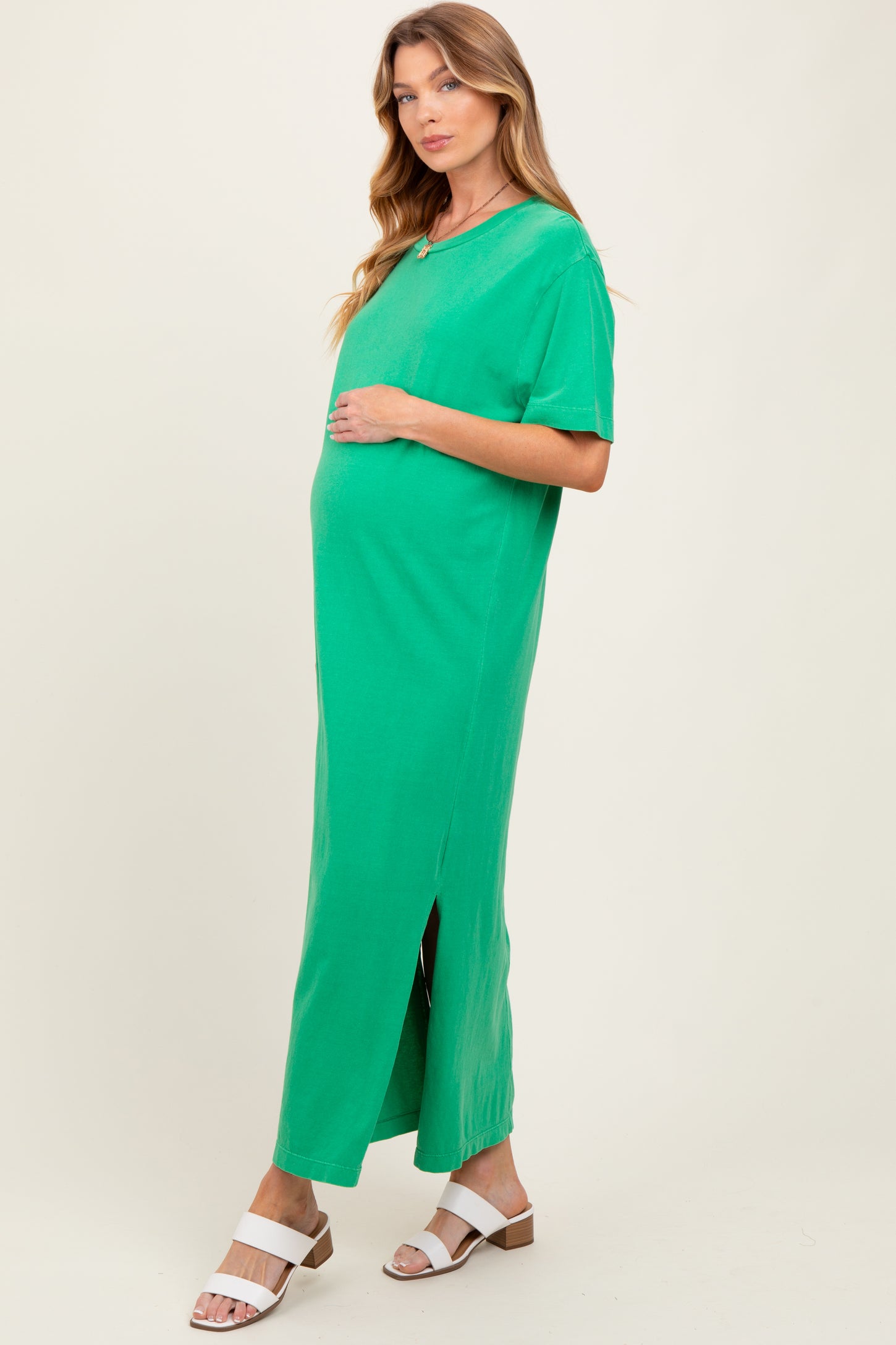 Green Short Sleeve Knit T-Shirt Maternity Maxi Dress