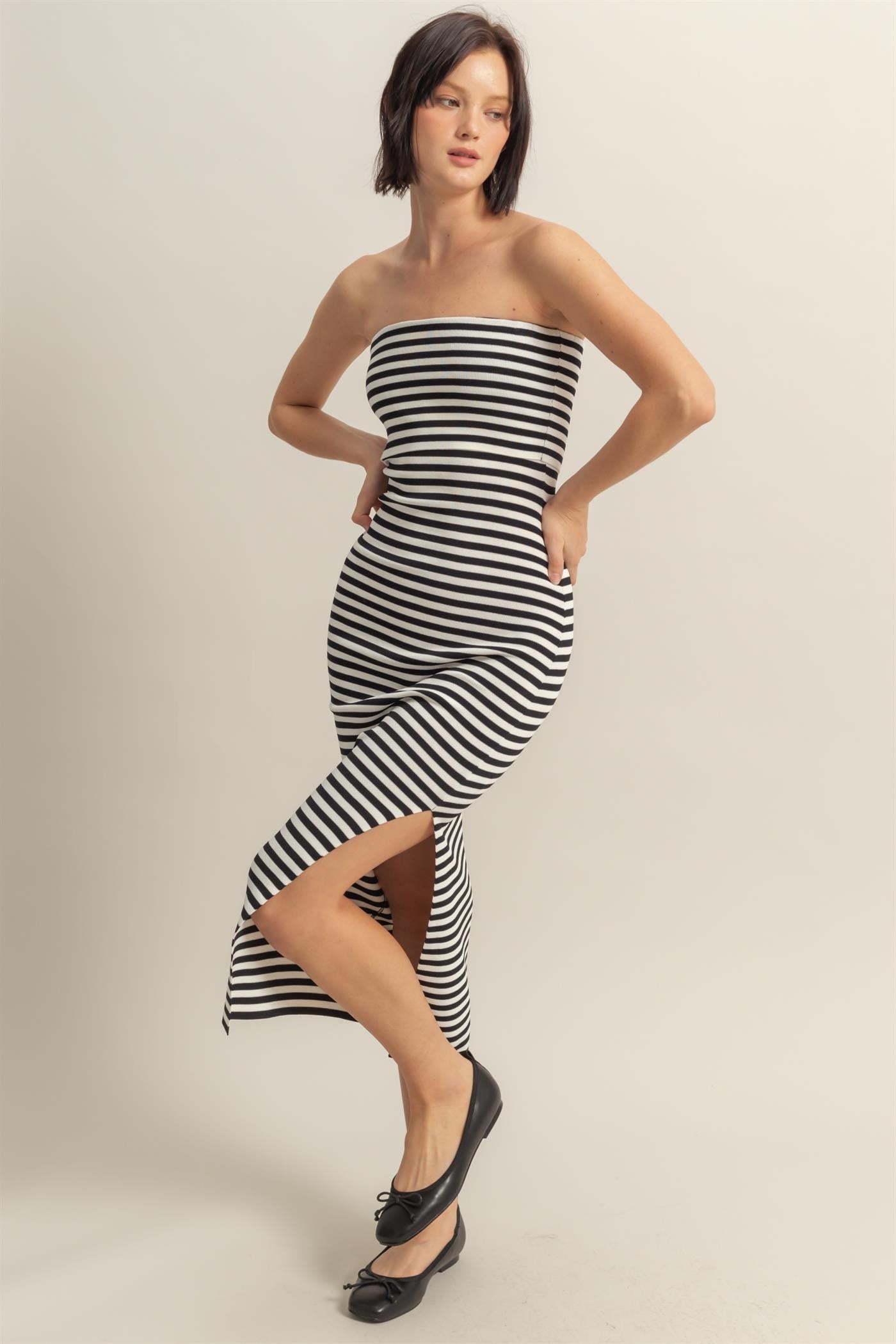Black/White Striped Strapless Fitted Maternity Maxi Dress
