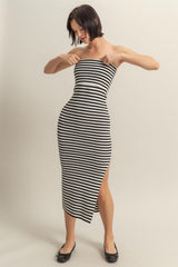 Black/White Striped Strapless Fitted Maxi Dress