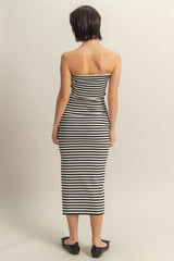 Black/White Striped Strapless Fitted Maxi Dress