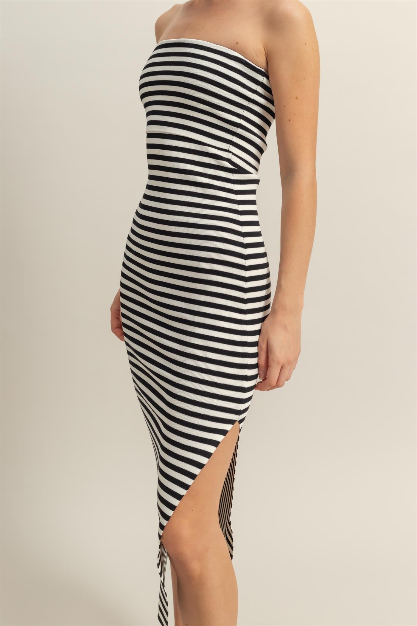 Black/White Striped Strapless Fitted Maxi Dress