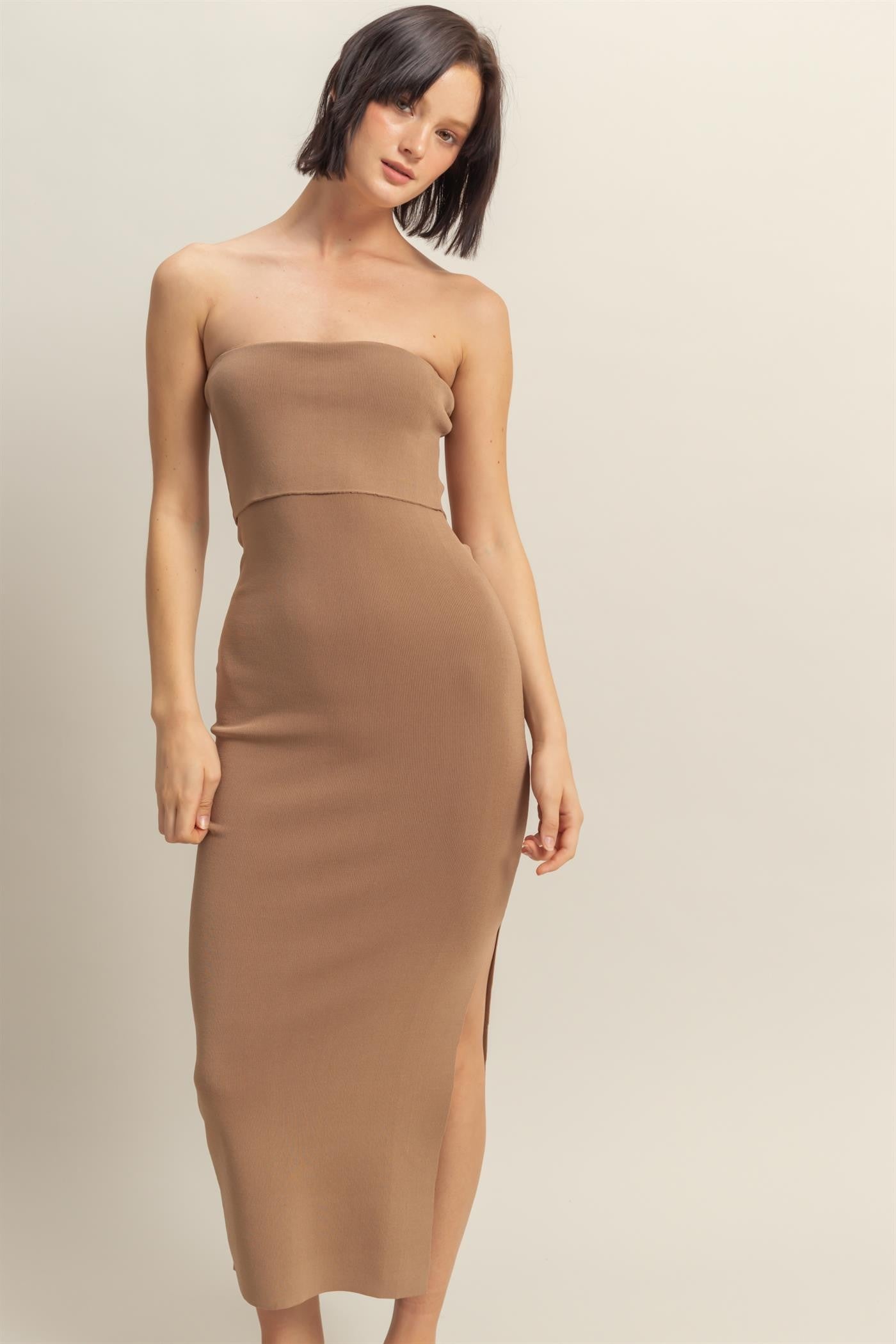 Taupe Strapless Fitted Maxi Dress