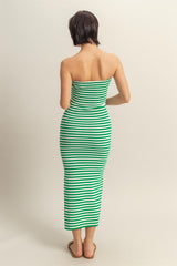 Green/White Striped Strapless Fitted Maxi Dress