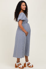 Navy Textured Plaid Pen Back Maternity Midi Dress