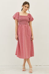 Red Textured Plaid Pen Back Midi Dress