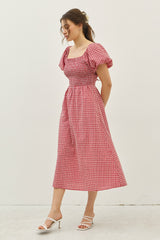 Red Textured Plaid Pen Back Midi Dress