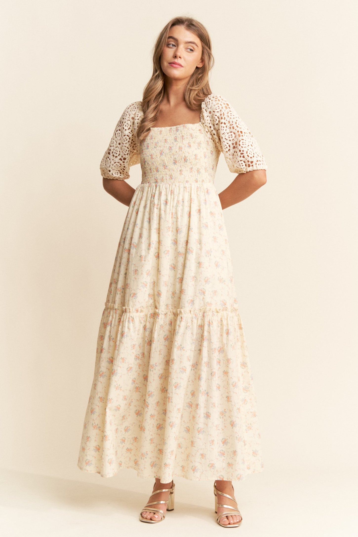 Beige Floral Print Smocked Crochet Tiered Maxi Dress