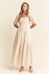 Beige Floral Print Smocked Crochet Tiered Maxi Dress