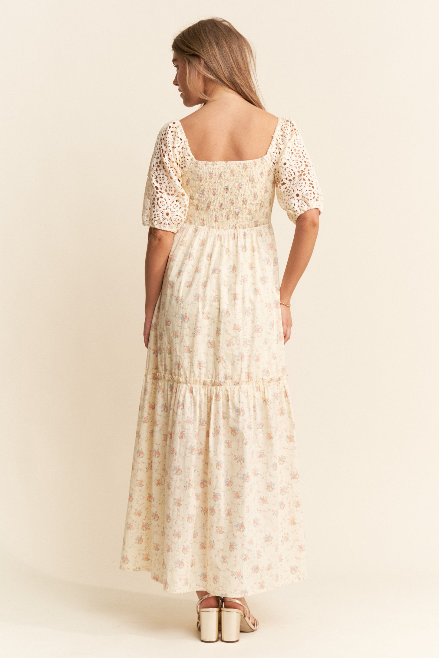 Beige Floral Print Smocked Crochet Tiered Maxi Dress