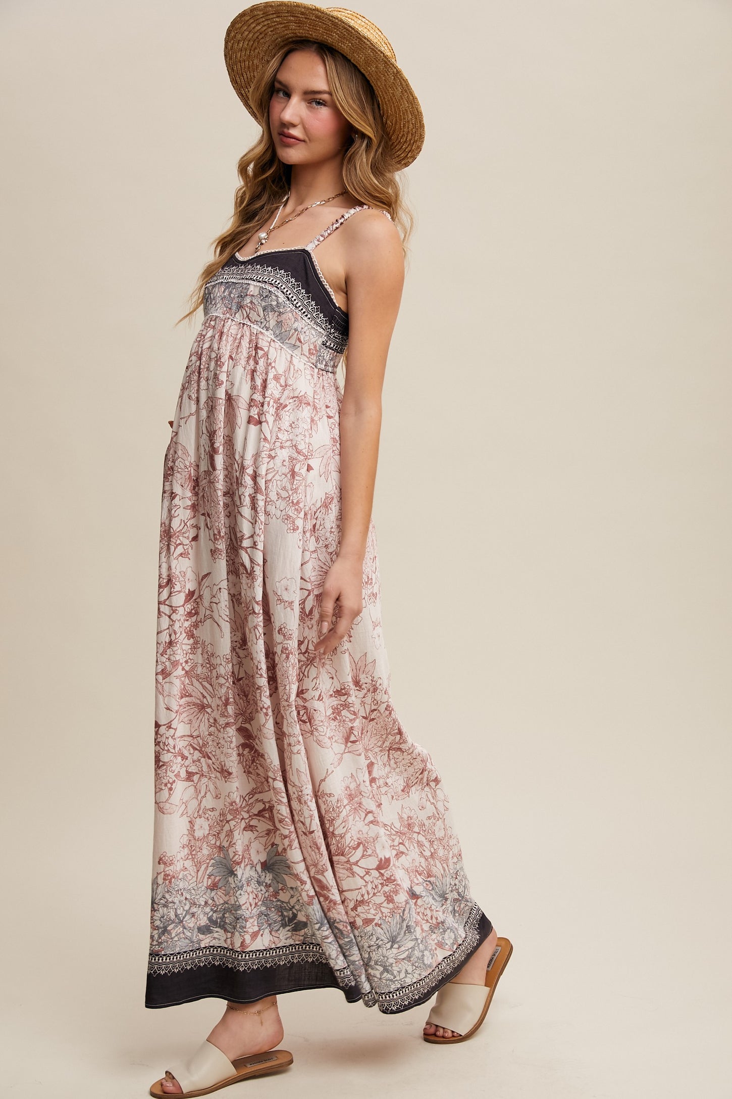 Charcoal Floral Contrast Border Maxi Dress
