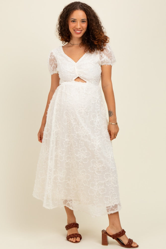 Cream Embroidered Lace Cutout Maternity Midi Dress
