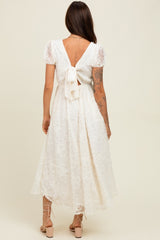 Cream Embroidered Lace Cutout Midi Dress