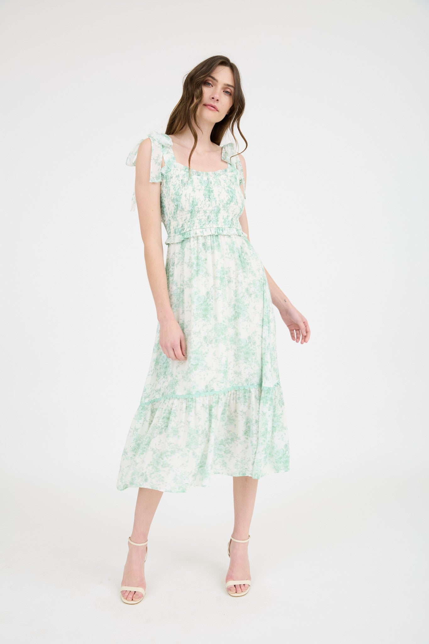 Mint Floral Smocked Shoulder Tie Maternity Midi Dress