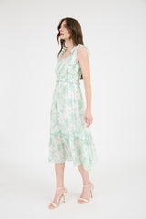 Mint Floral Smocked Shoulder Tie Midi Dress