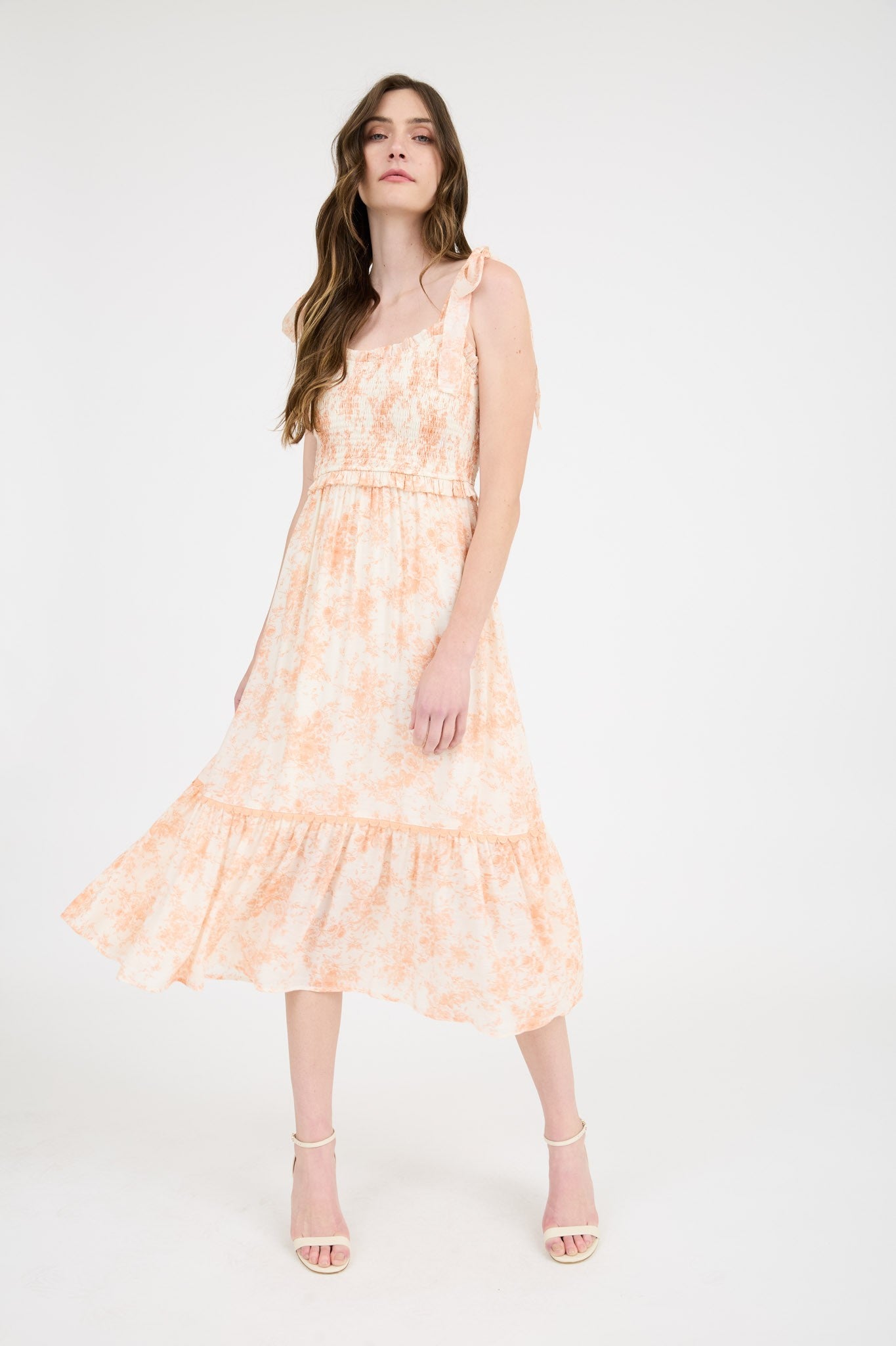 Peach Floral Smocked Shoulder Tie Midi Dress