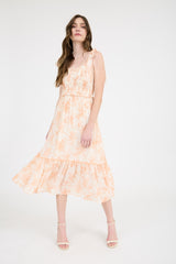 Peach Floral Smocked Shoulder Tie Midi Dress