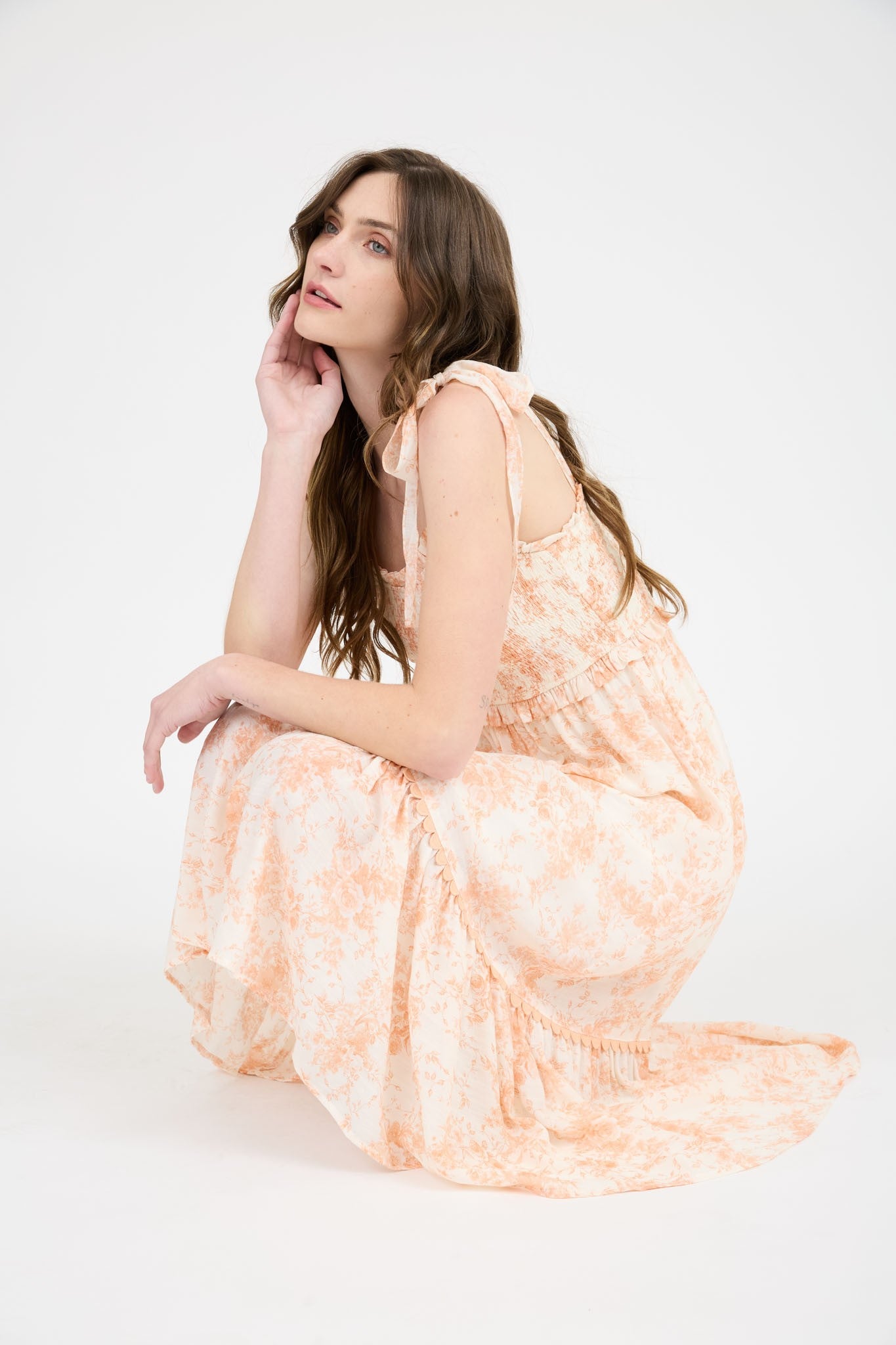 Peach Floral Smocked Shoulder Tie Midi Dress