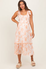 Peach Floral Smocked Shoulder Tie Maternity Midi Dress