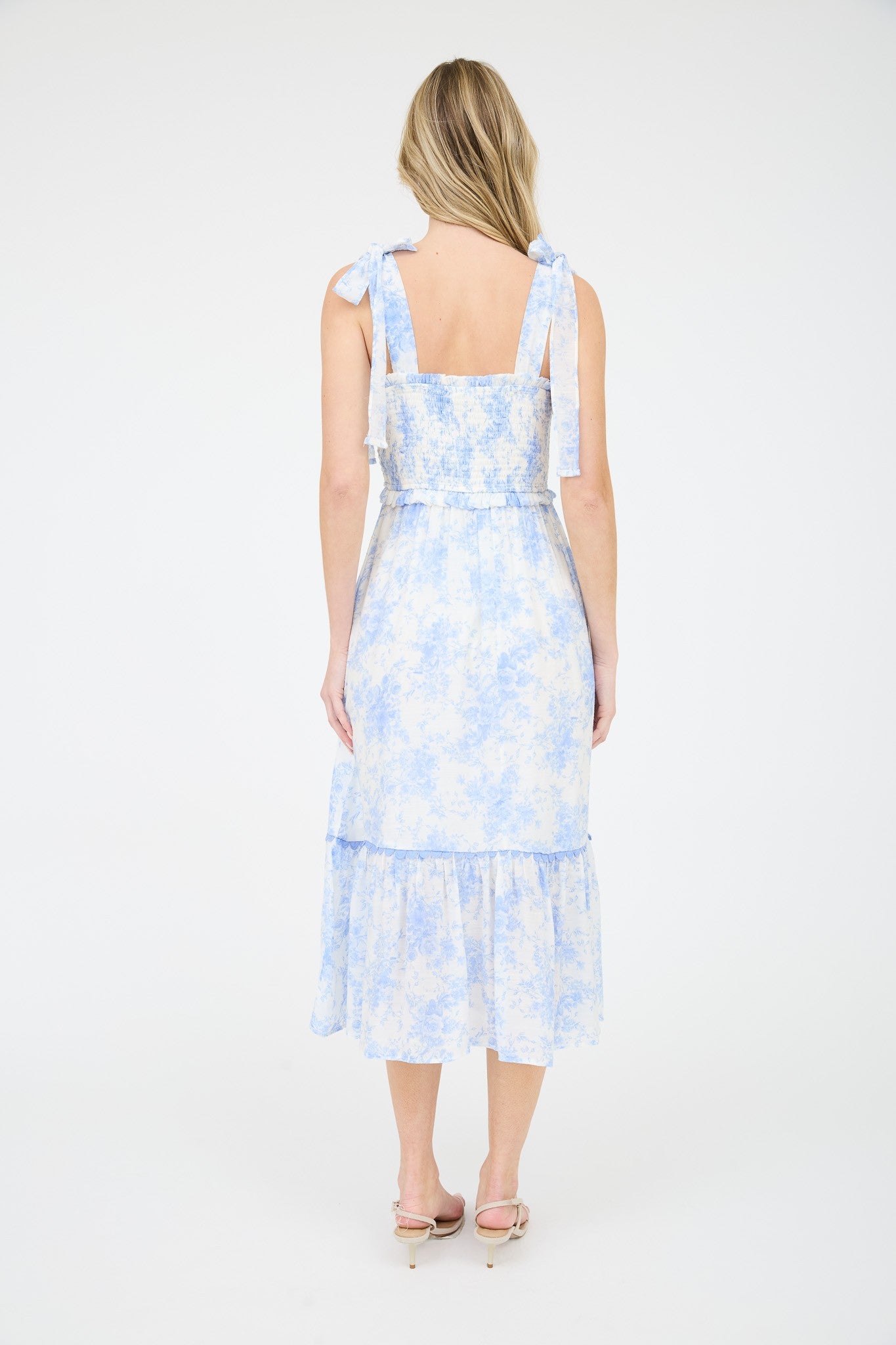 Light Blue Floral Smocked Shoulder Tie Midi Dress