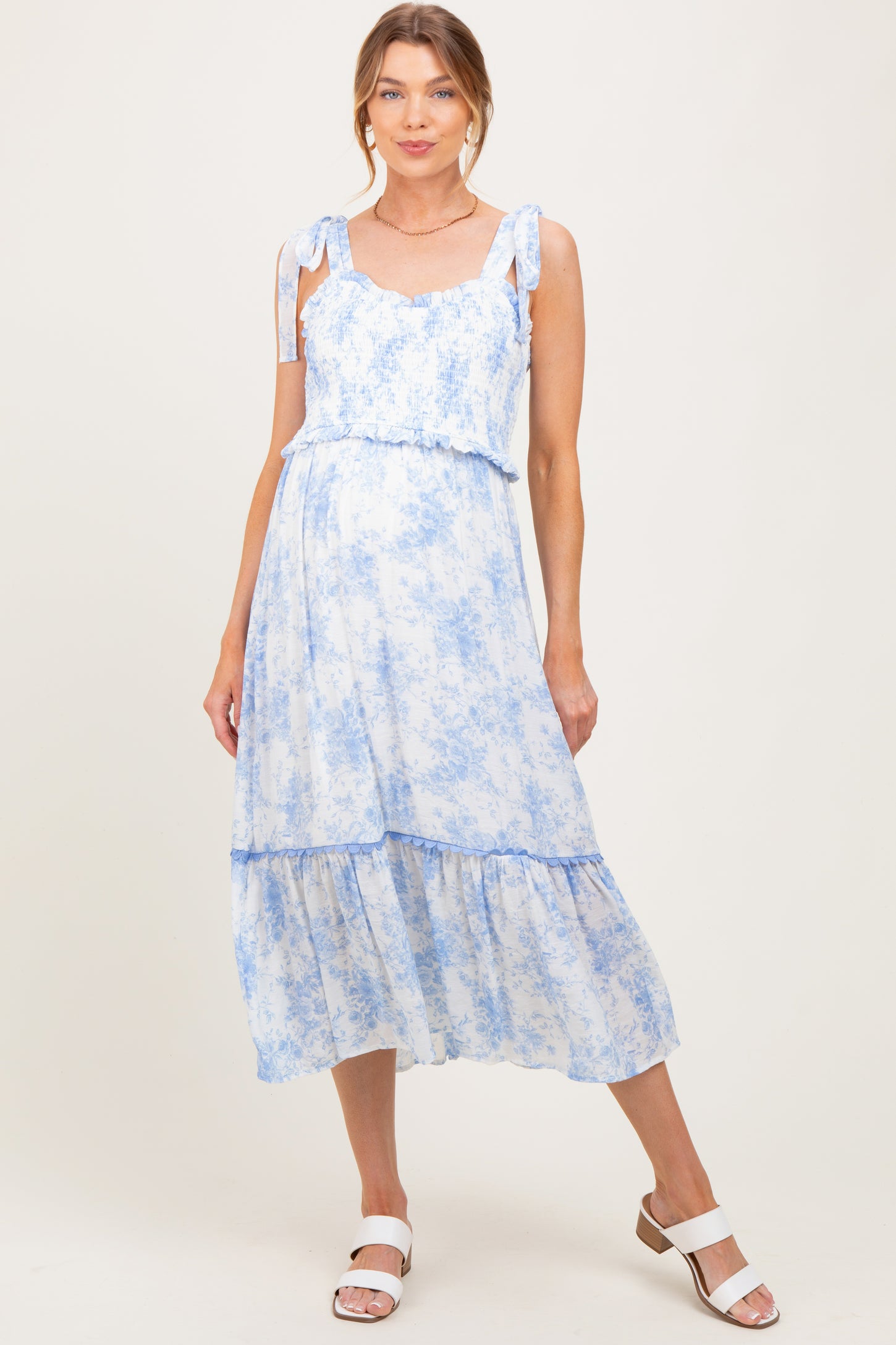 Light Blue Floral Smocked Shoulder Tie Maternity Midi Dress