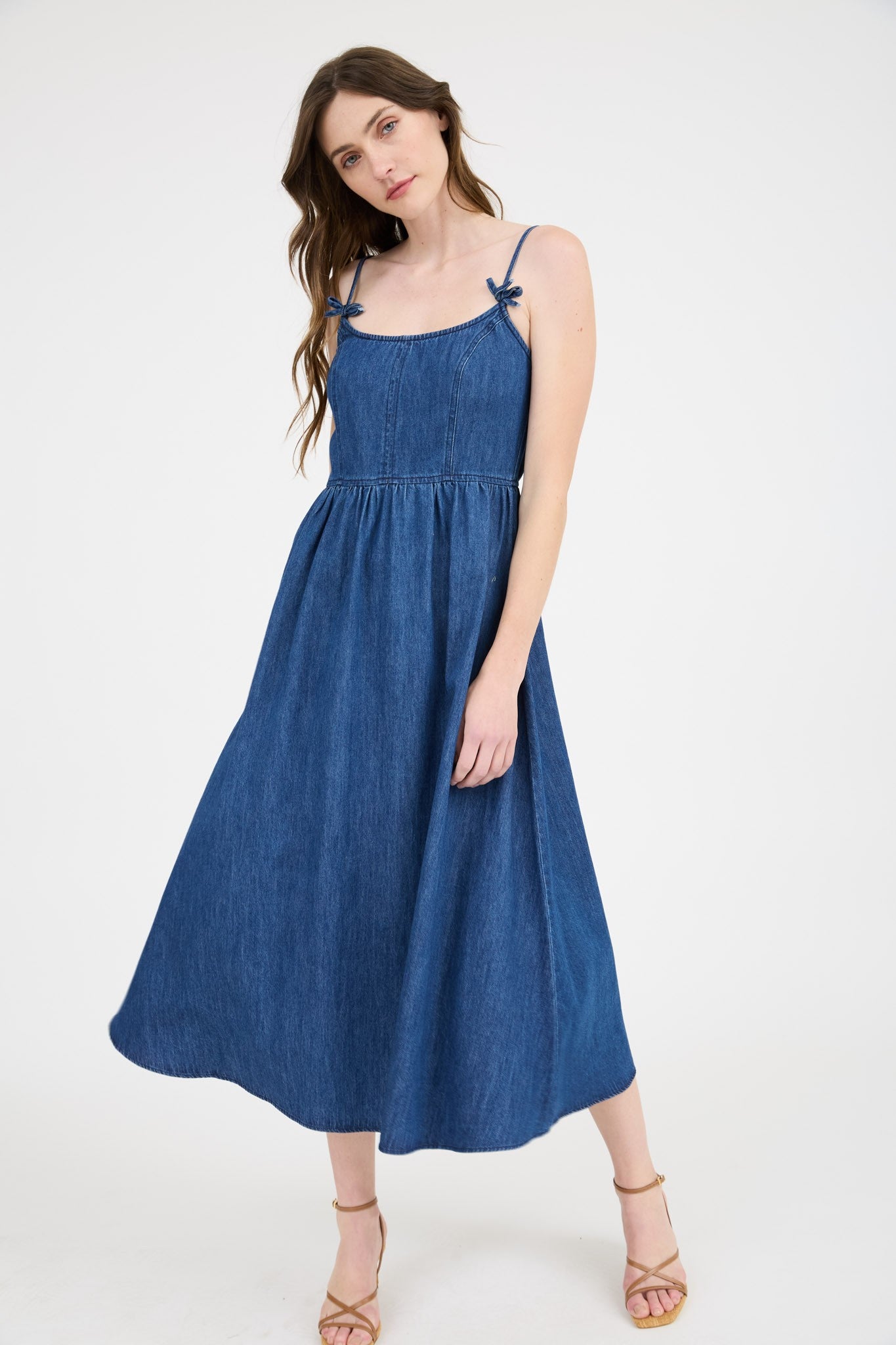 Navy Denim Sleeveless Bow Detail Maternity Midi Dress