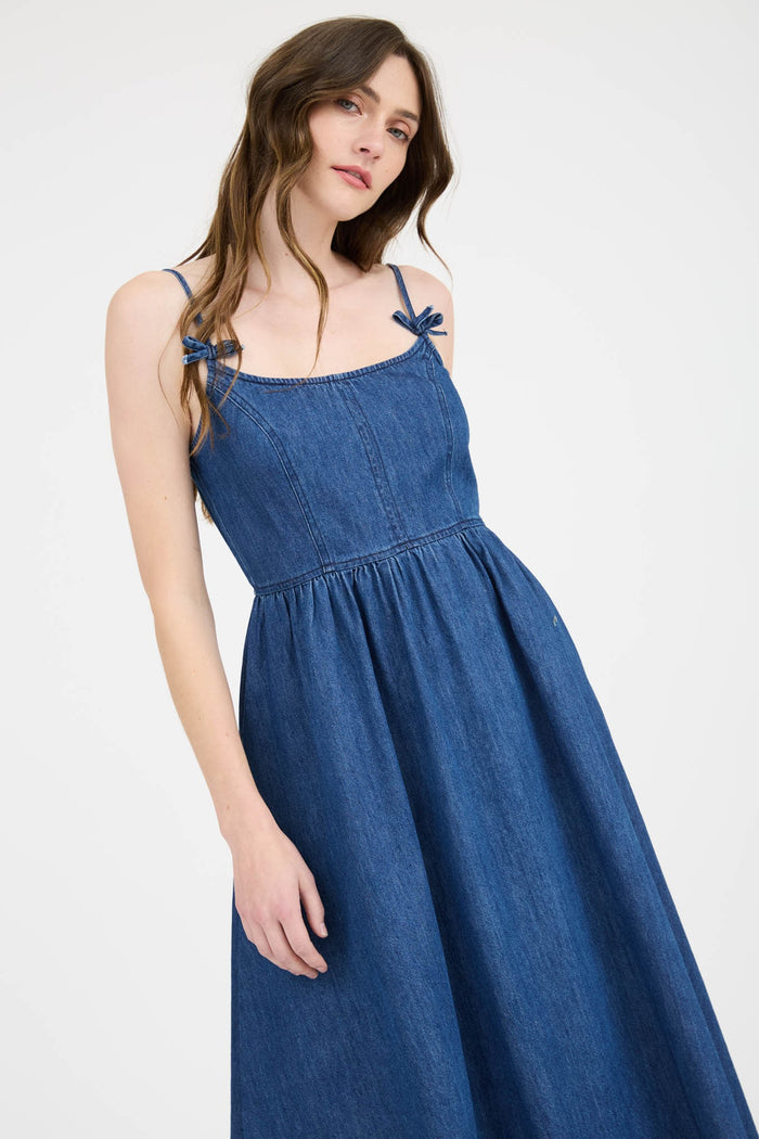 Navy Denim Sleeveless Bow Detail Midi Dress