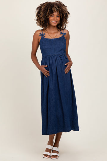 Navy Denim Sleeveless Bow Detail Maternity Midi Dress