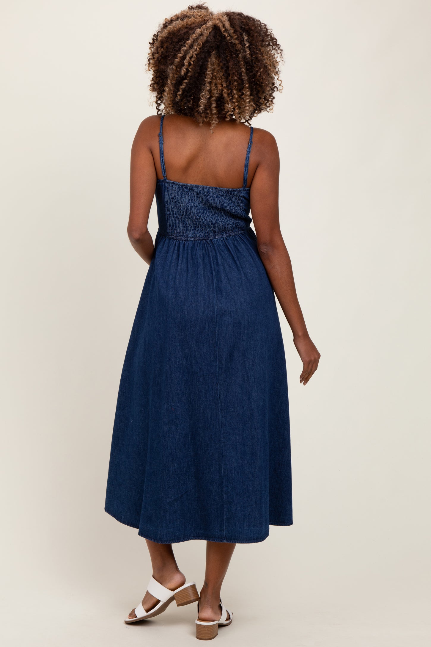 Navy Denim Sleeveless Bow Detail Maternity Midi Dress