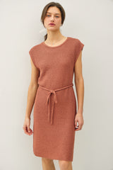 Light Rust Waffle Knit Sash Tie Short Sleeve Maternity Dress