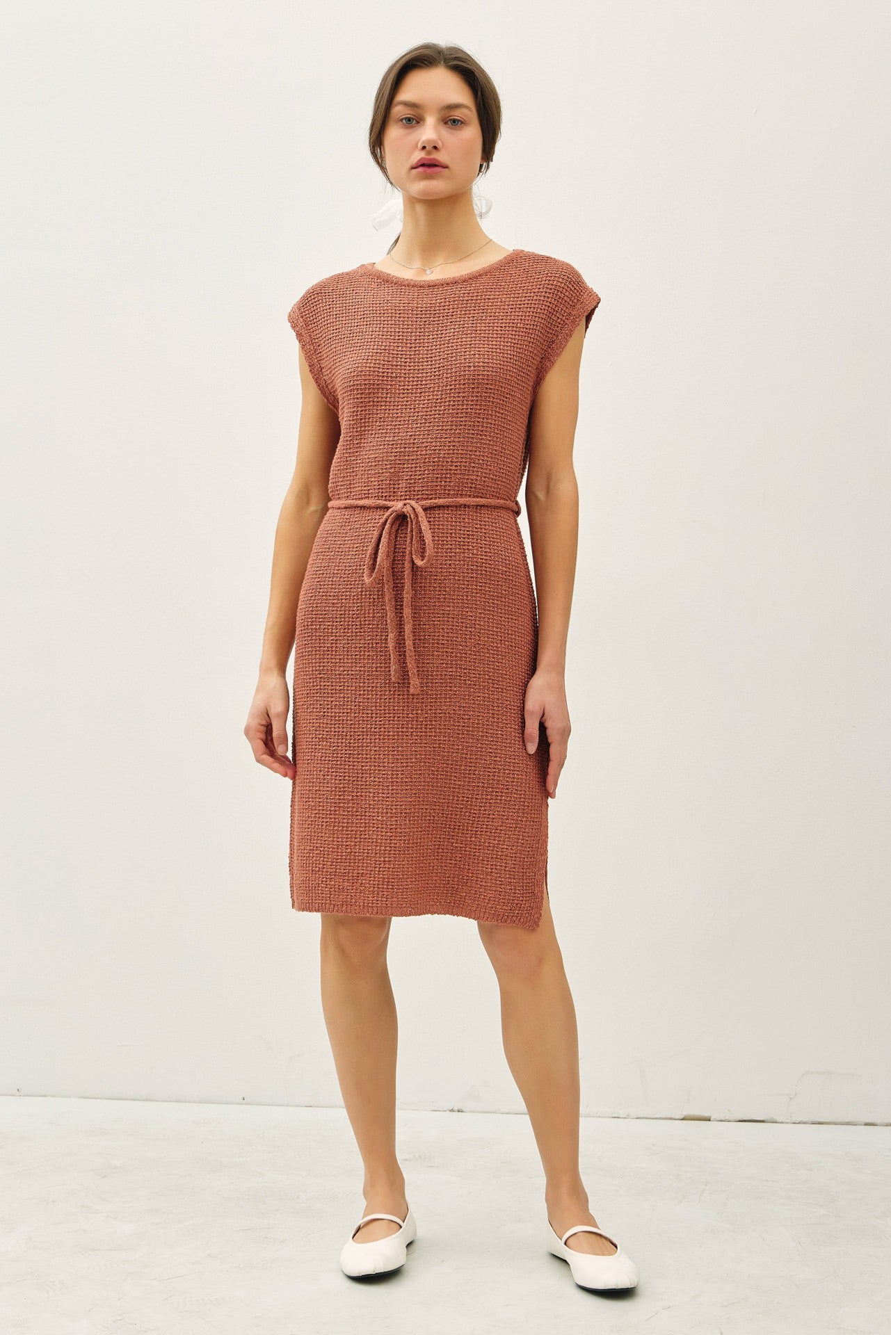 Light Rust Waffle Knit Sash Tie Short Sleeve Dress