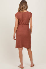 Light Rust Waffle Knit Sash Tie Short Sleeve Maternity Dress