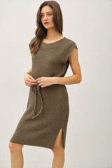 Olive Waffle Knit Sash Tie Short Sleeve Dress