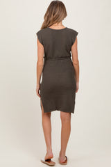 Olive Waffle Knit Sash Tie Short Sleeve Maternity Dress