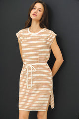 Camel Striped Knit Sash Tie Maternity Dress