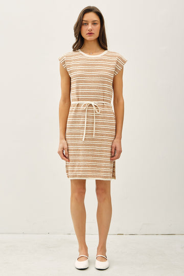 Camel Striped Knit Sash Tie Dress